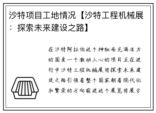 沙特项目工地情况【沙特工程机械展：探索未来建设之路】